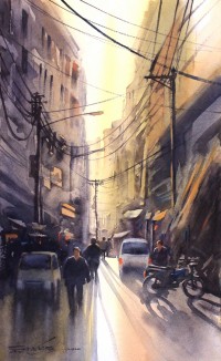 Sarfraz Musawir, Kharadar Karachi, 15 x 09 Inch, Watercolor on Paper, Cityscape Painting, AC-SAR-166